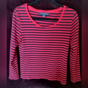 Tommy Hilfiger Women's Striped Long Sleeve Top - Red and Navy Blue